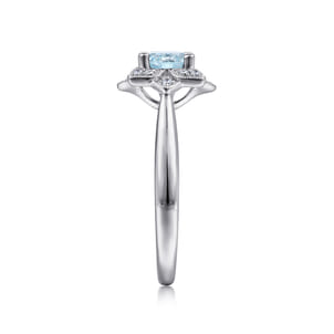 Promise Ring - 14K White Gold Flower Halo Aquamarine and Diamond Ring