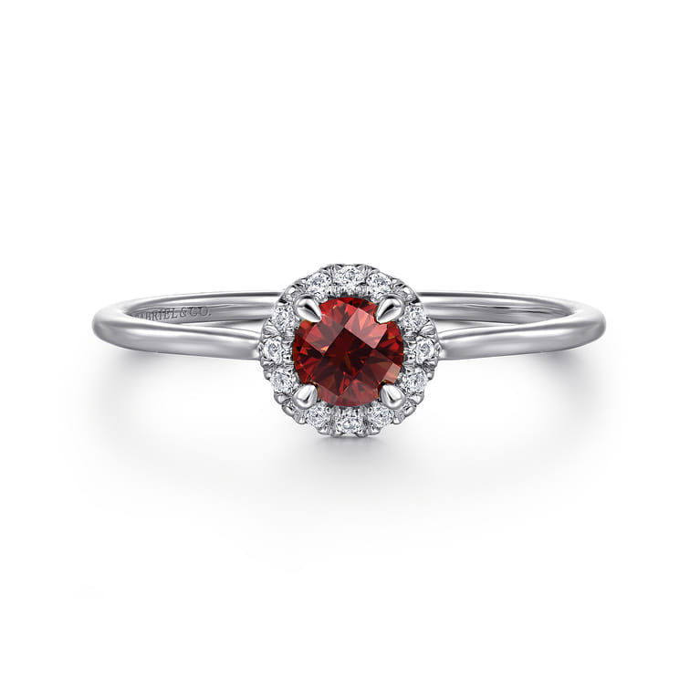 Promise Ring - 14K White Gold Garnet and Diamond Halo Ring - 0.06 ct - Shot 1