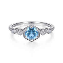 Promise Ring - 14K White Gold Hexagonal Blue Topaz Diamond Promise Ring