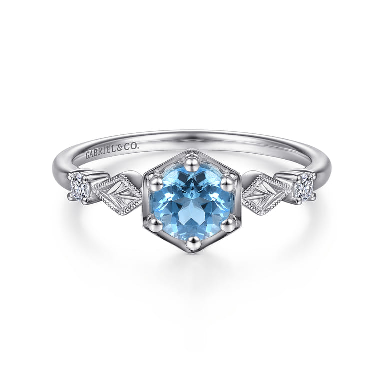 Promise Ring - 14K White Gold Hexagonal Blue Topaz Diamond Promise Ring - 0.06 ct - Shot 1