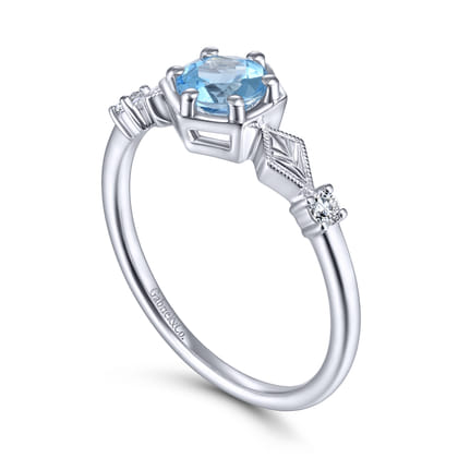 Promise Ring - 14K White Gold Hexagonal Blue Topaz Diamond Promise Ring