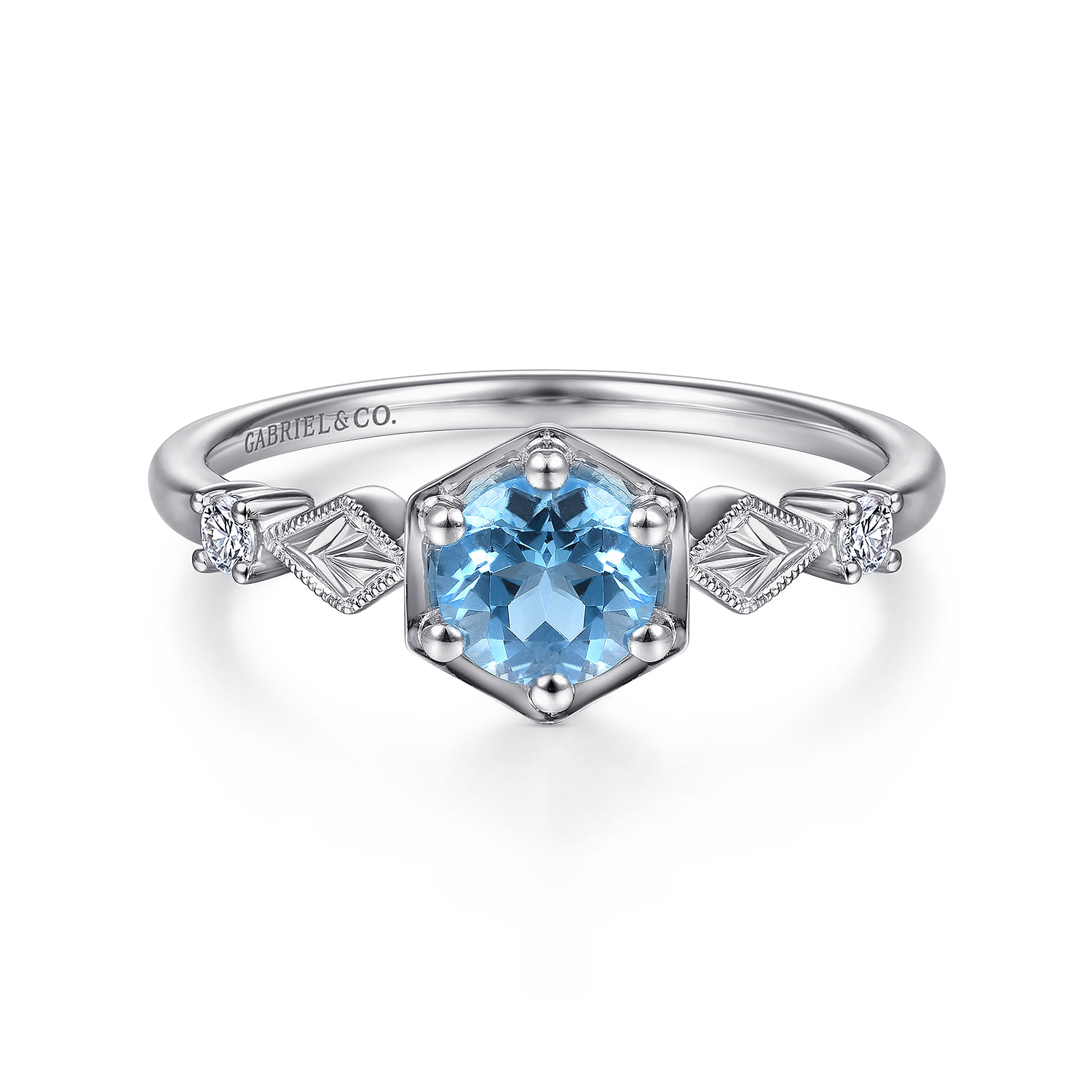 Promise Ring - 14K White Gold Hexagonal Blue Topaz Diamond Ring