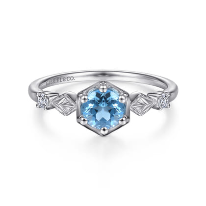 Promise Ring - 14K White Gold Hexagonal Blue Topaz Diamond Ring