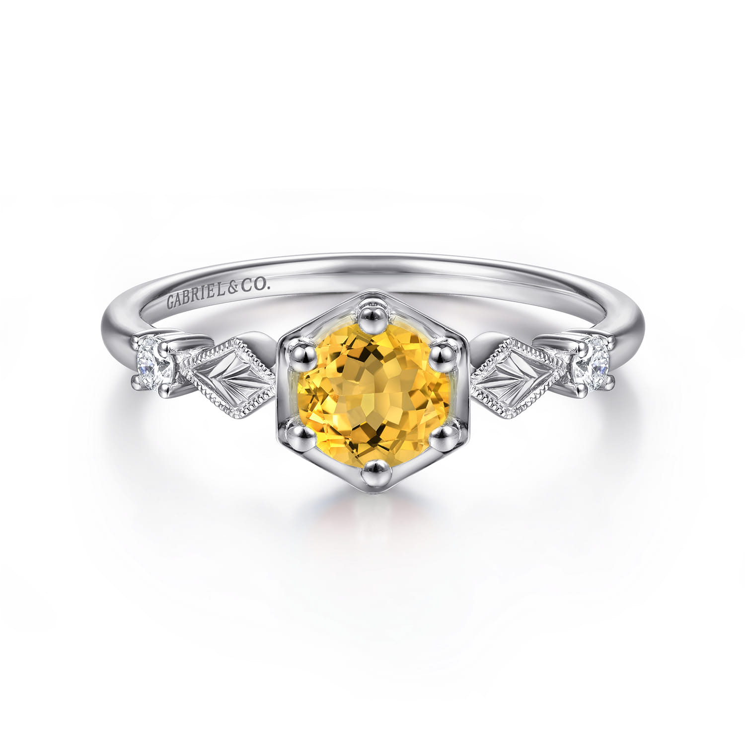 Promise Ring - 14K White Gold Hexagonal Citrine Diamond Promise Ring - 0.06 ct - Shot 1