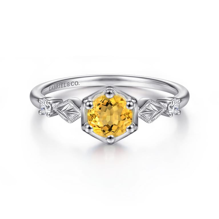Promise Ring - 14K White Gold Hexagonal Citrine Diamond Promise Ring - 0.06 ct - Shot 1