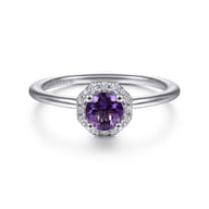 Promise Ring - 14K White Gold Hexagonal Diamond Halo and Round Amethyst Promise Ring