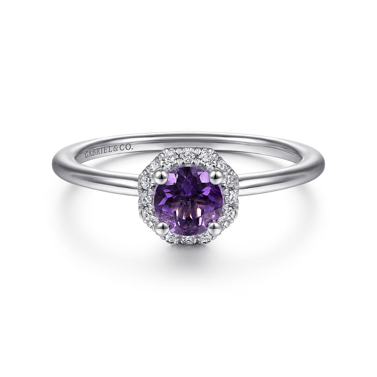 Promise Ring - 14K White Gold Hexagonal Diamond Halo and Round Amethyst Promise Ring - 0.09 ct - Shot 1