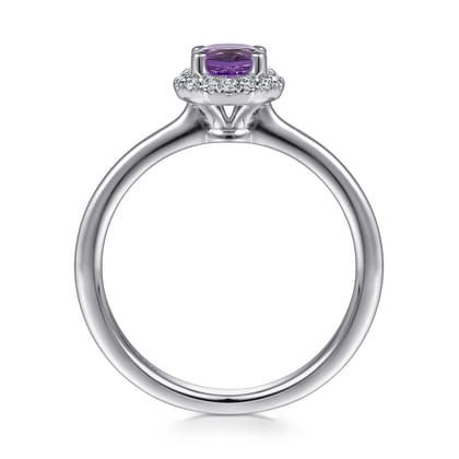 Promise Ring - 14K White Gold Hexagonal Diamond Halo and Round Amethyst Promise Ring