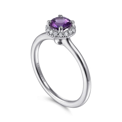 Promise Ring - 14K White Gold Hexagonal Diamond Halo and Round Amethyst Promise Ring