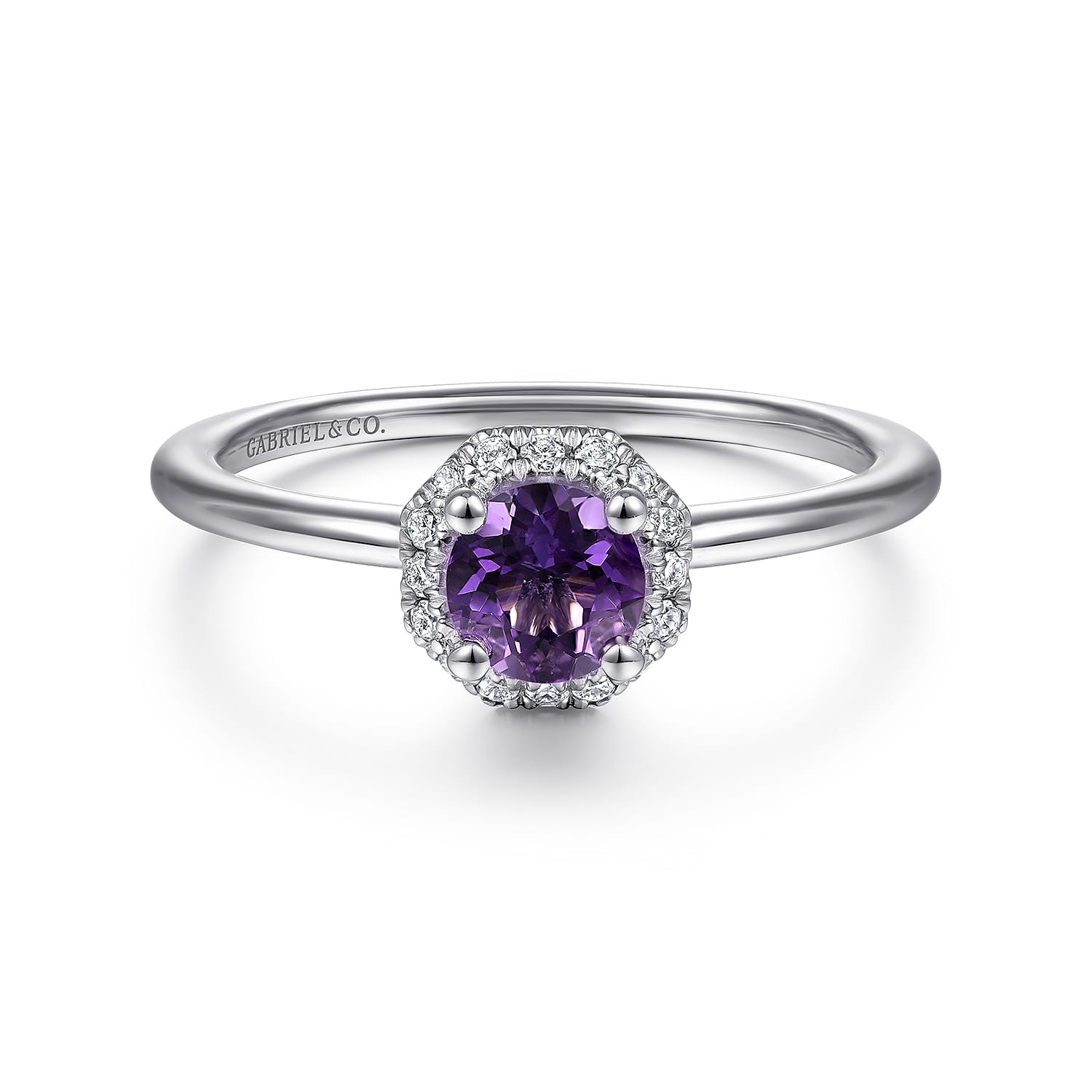 Promise Ring - 14K White Gold Hexagonal Diamond Halo and Round Amethyst Ring