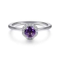Promise Ring - 14K White Gold Hexagonal Diamond Halo and Round Amethyst Ring