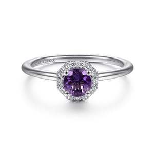 Promise Ring - 14K White Gold Hexagonal Diamond Halo and Round Amethyst Ring