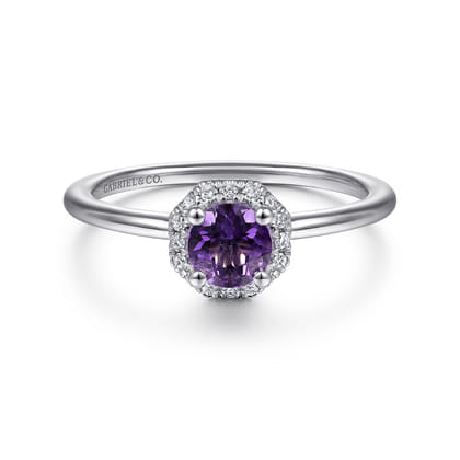 Promise Ring - 14K White Gold Hexagonal Diamond Halo and Round Amethyst Ring