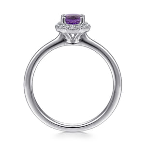 Promise Ring - 14K White Gold Hexagonal Diamond Halo and Round Amethyst Ring