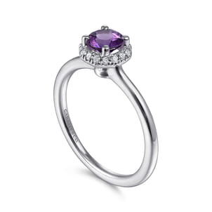 Promise Ring - 14K White Gold Hexagonal Diamond Halo and Round Amethyst Ring