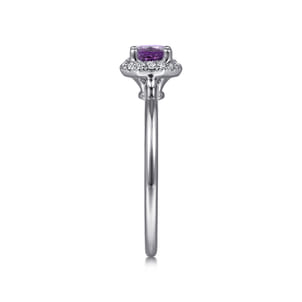 Promise Ring - 14K White Gold Hexagonal Diamond Halo and Round Amethyst Ring
