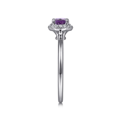 Promise Ring - 14K White Gold Hexagonal Diamond Halo and Round Amethyst Ring