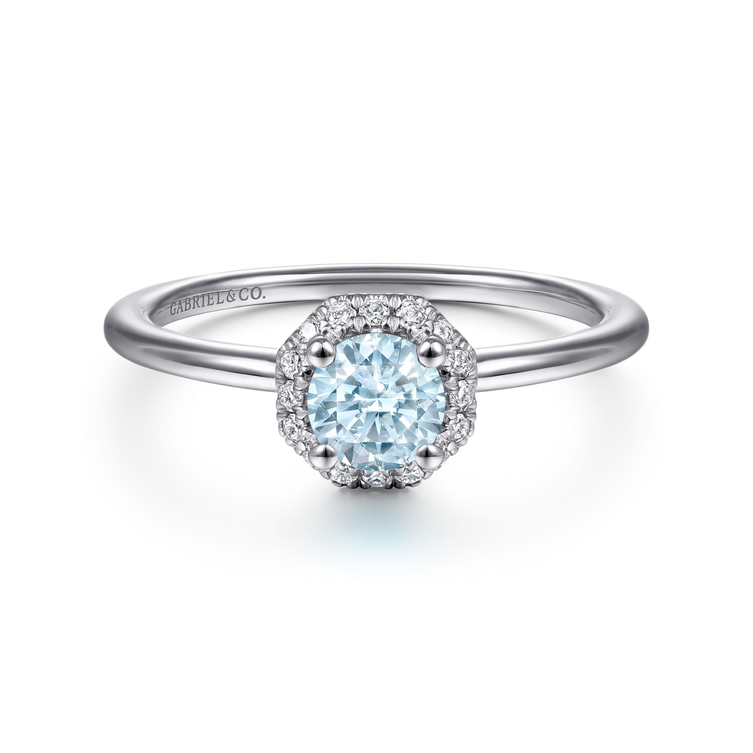 Promise Ring - 14K White Gold Octagonal Halo Aquamarine and Diamond Promise Ring - 0.09 ct - Shot 1