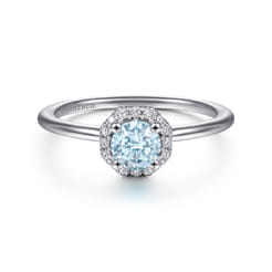 Promise Ring - 14K White Gold Octagonal Halo Aquamarine and Diamond Promise Ring