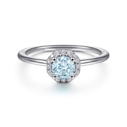 Promise Ring - 14K White Gold Octagonal Halo Aquamarine and Diamond Promise Ring