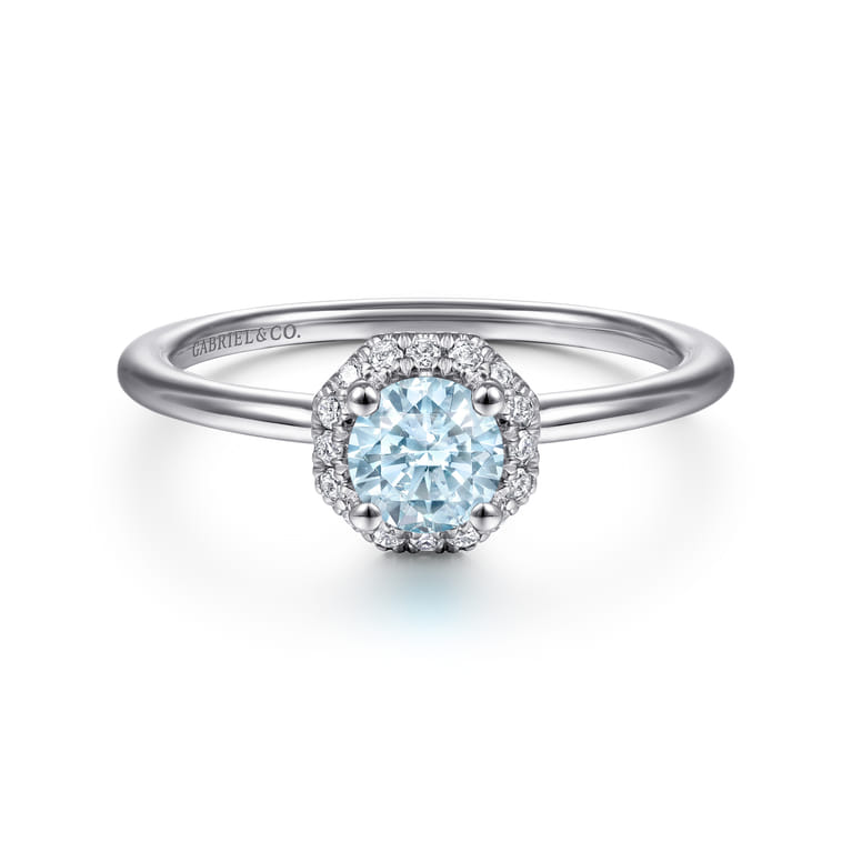 Promise Ring - 14K White Gold Octagonal Halo Aquamarine and Diamond Promise Ring - 0.09 ct - Shot 1