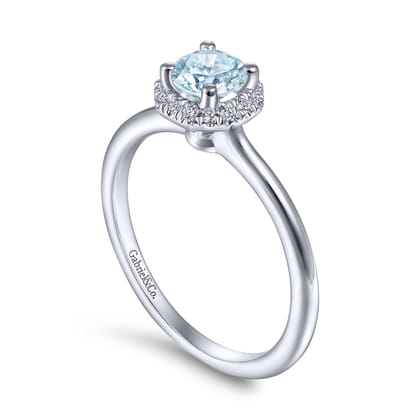 Promise Ring - 14K White Gold Octagonal Halo Aquamarine and Diamond Promise Ring