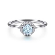 Promise Ring - 14K White Gold Octagonal Halo Aquamarine and Diamond Ring