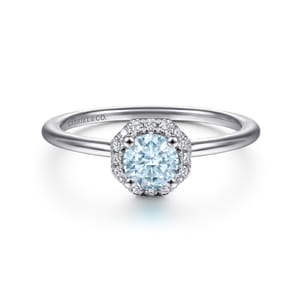 Promise Ring - 14K White Gold Octagonal Halo Aquamarine and Diamond Ring