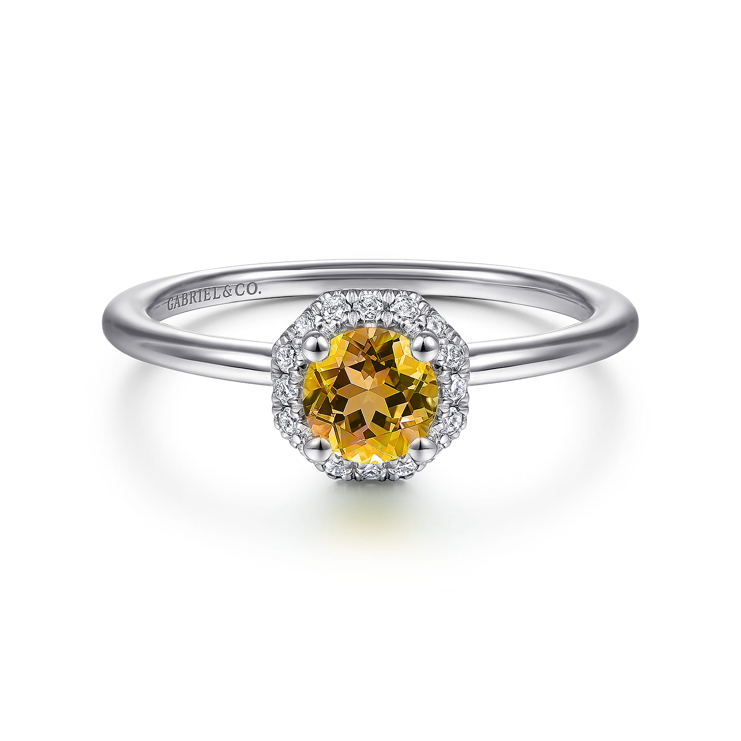 Promise Ring - 14K White Gold Octagonal Halo Citrine and Diamond Promise Ring - 0.09 ct - Shot 1