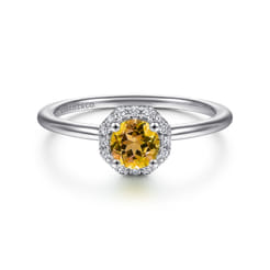Promise Ring - 14K White Gold Octagonal Halo Citrine and Diamond Promise Ring
