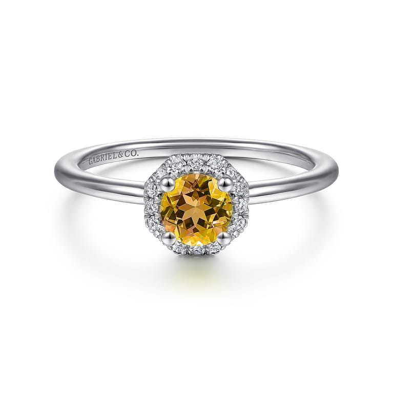 Promise Ring - 14K White Gold Octagonal Halo Citrine and Diamond Promise Ring - 0.09 ct - Shot 1