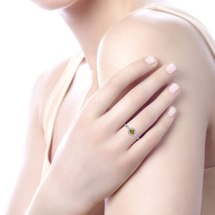 Promise Ring - 14K White Gold Octagonal Halo Citrine and Diamond Promise Ring