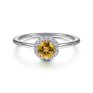 Promise Ring - 14K White Gold Octagonal Halo Citrine and Diamond Ring