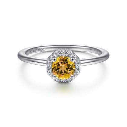 Promise Ring - 14K White Gold Octagonal Halo Citrine and Diamond Ring