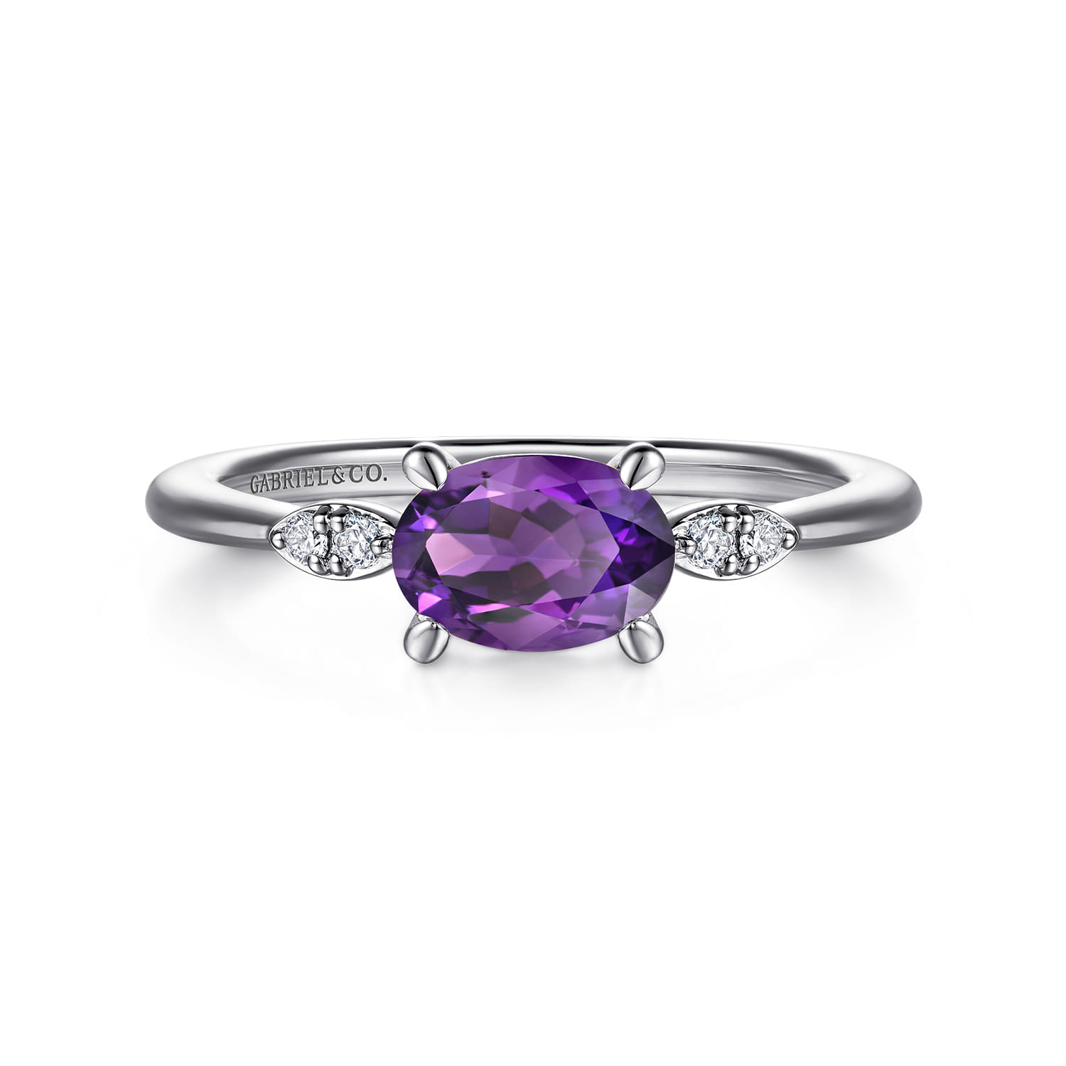 Promise Ring - 14K White Gold Oval Amethyst and Diamond Promise Ring - 0.04 ct - Shot 1