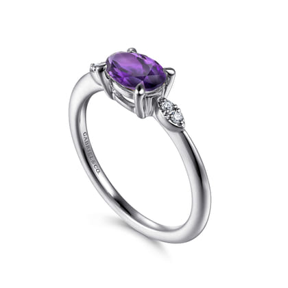 Promise Ring - 14K White Gold Oval Amethyst and Diamond Promise Ring