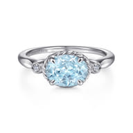 Promise Ring - 14K White Gold Oval Aquamarine and Diamond Three Stone Promise Ring