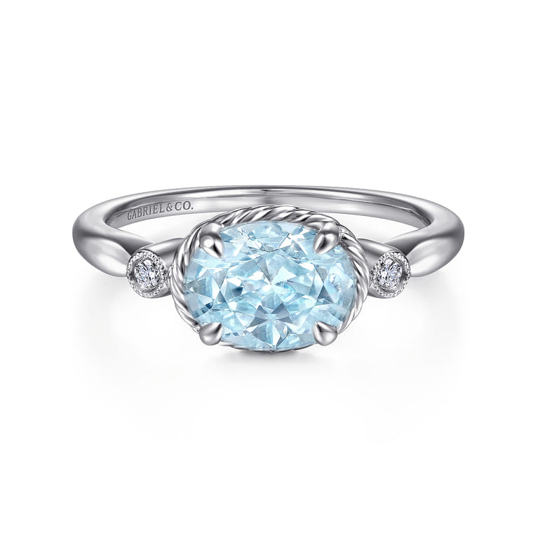 Promise Ring - 14K White Gold Oval Aquamarine and Diamond Three Stone Promise Ring - 0.03 ct - Shot 1