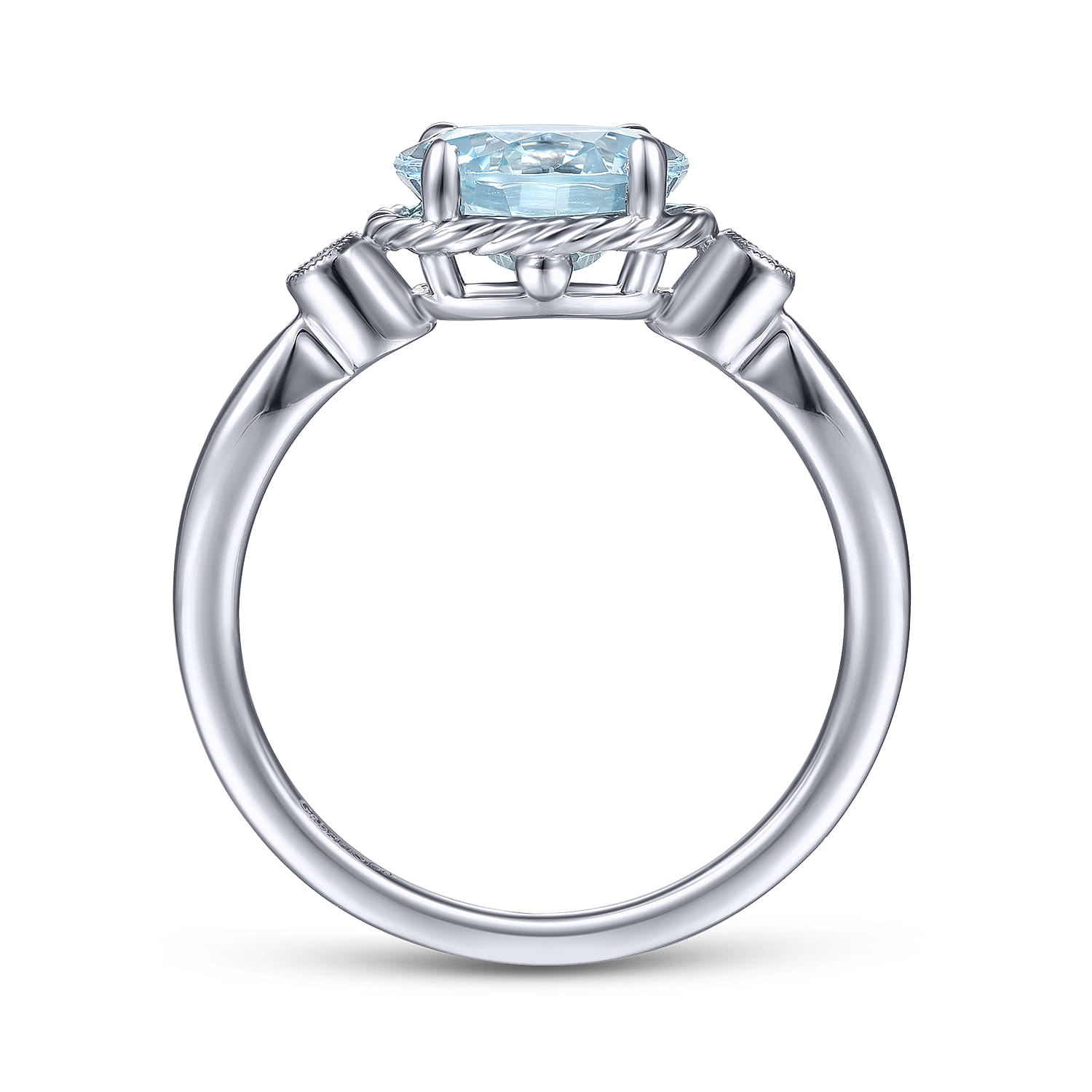 Promise Ring - 14K White Gold Oval Aquamarine and Diamond Three Stone Promise Ring - 0.03 ct - Shot 2