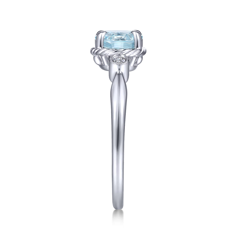 Promise Ring - 14K White Gold Oval Aquamarine and Diamond Three Stone Promise Ring - 0.03 ct - Shot 4