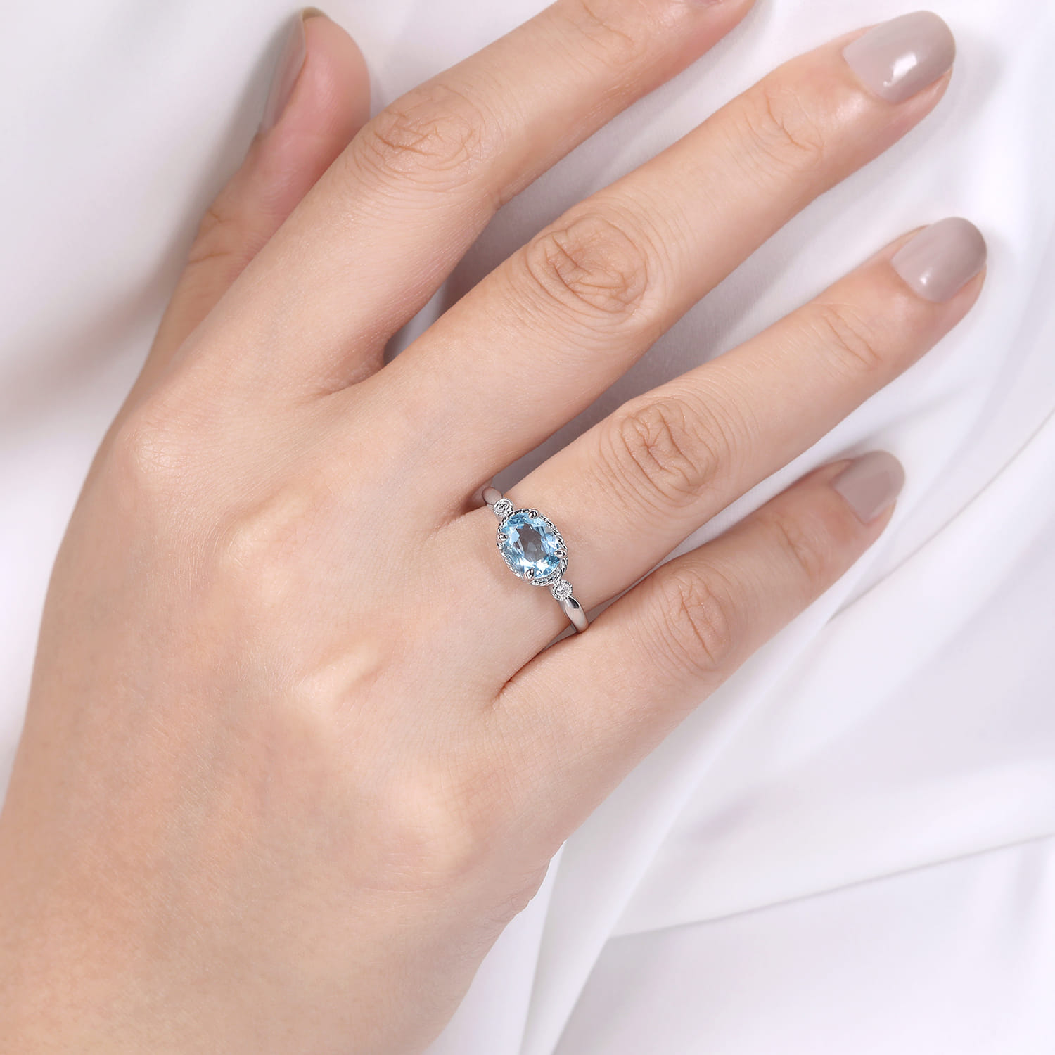 Promise Ring - 14K White Gold Oval Aquamarine and Diamond Three Stone Promise Ring - 0.03 ct - Shot 5
