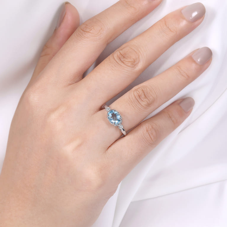 Promise Ring - 14K White Gold Oval Aquamarine and Diamond Three Stone Promise Ring - 0.03 ct - Shot 5