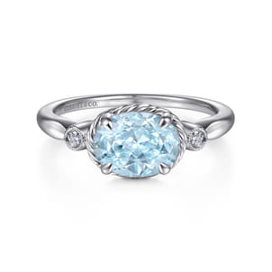 Promise Ring - 14K White Gold Oval Aquamarine and Diamond Three Stone Ring