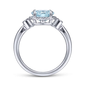 Promise Ring - 14K White Gold Oval Aquamarine and Diamond Three Stone Ring