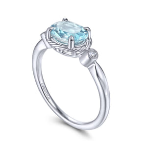 Promise Ring - 14K White Gold Oval Aquamarine and Diamond Three Stone Ring