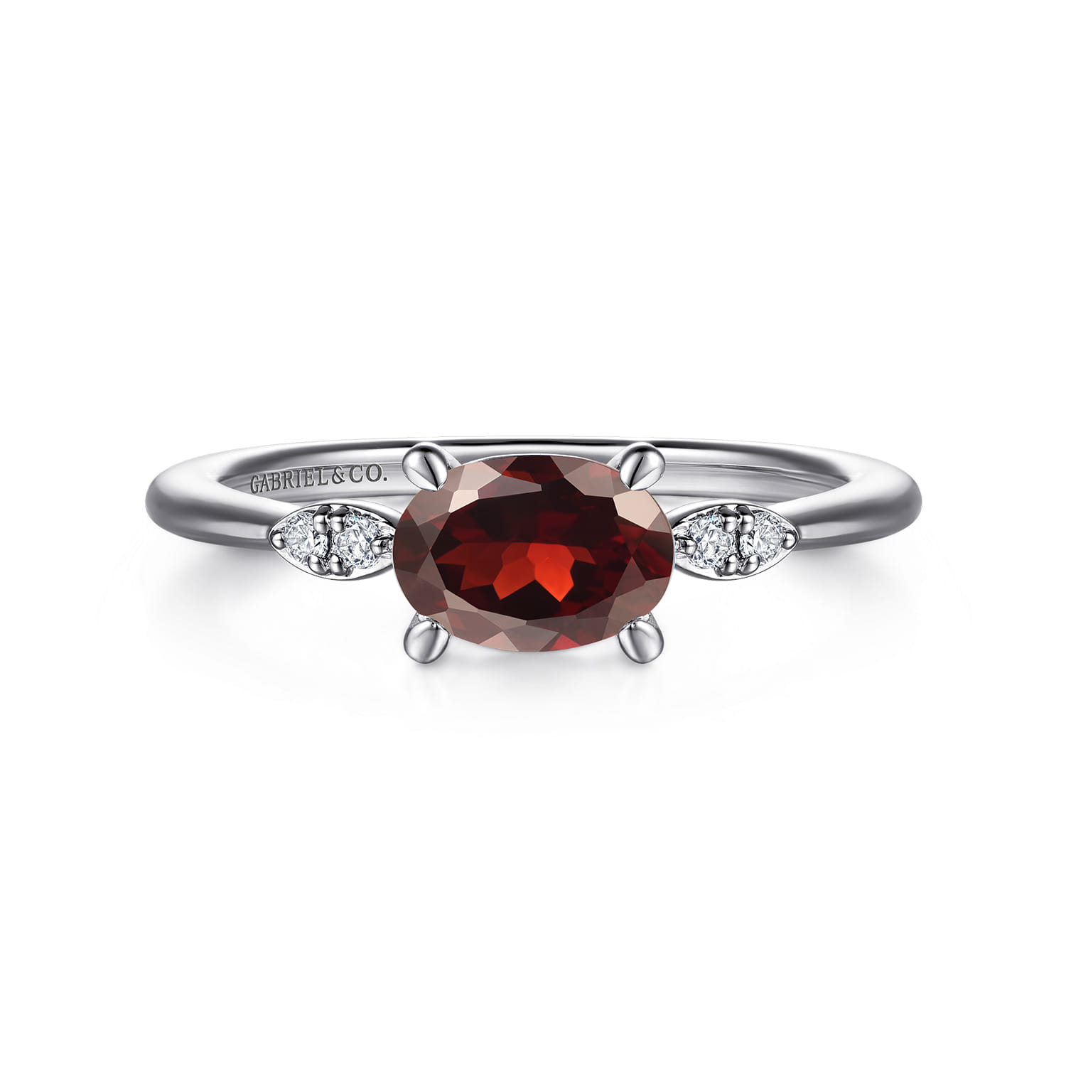 Promise Ring - 14K White Gold Oval Garnet and Diamond Promise Ring - 0.04 ct - Shot 1