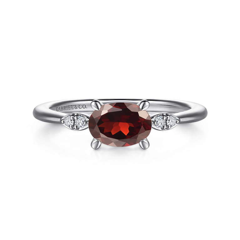 Promise Ring - 14K White Gold Oval Garnet and Diamond Promise Ring - 0.04 ct - Shot 1