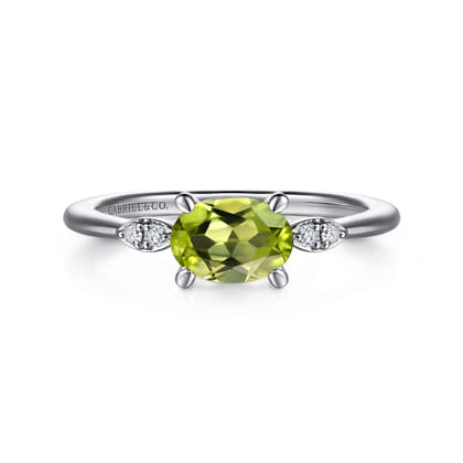 Promise Ring - 14K White Gold Oval Peridot and Diamond Promise Ring