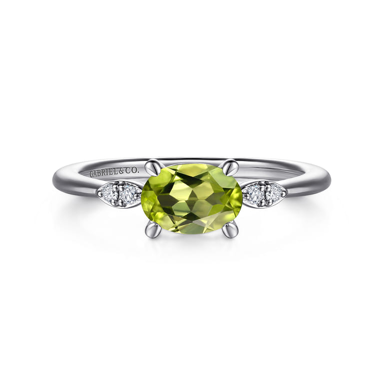 Promise Ring - 14K White Gold Oval Peridot and Diamond Promise Ring - 0.04 ct - Shot 1