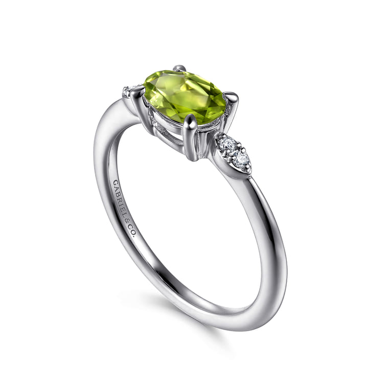 Promise Ring - 14K White Gold Oval Peridot and Diamond Promise Ring - 0.04 ct - Shot 3